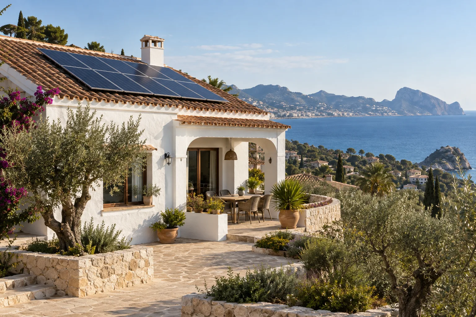 Mediterrane woning met zonnepanelen en uitzicht op zee