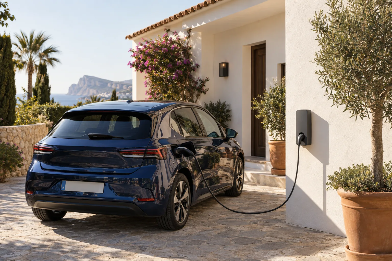 Elektrische auto aangesloten op een laadpunt bij een mediterrane woning