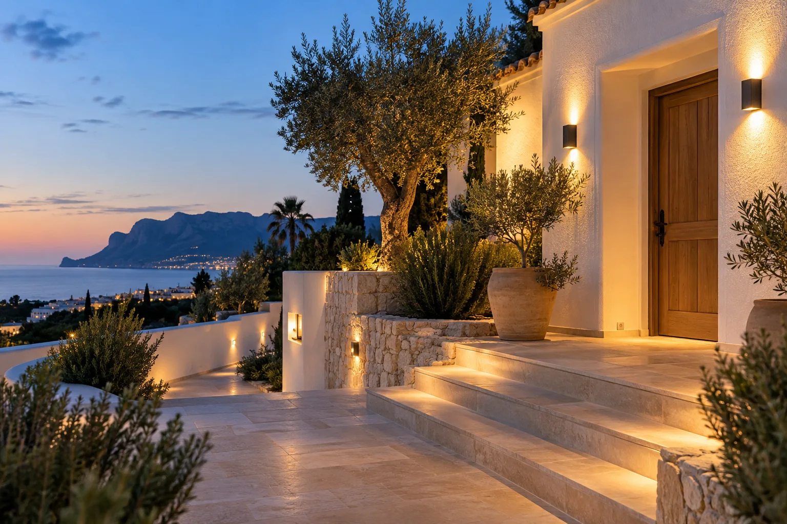 Warme buitenverlichting bij een mediterrane woning in de avond