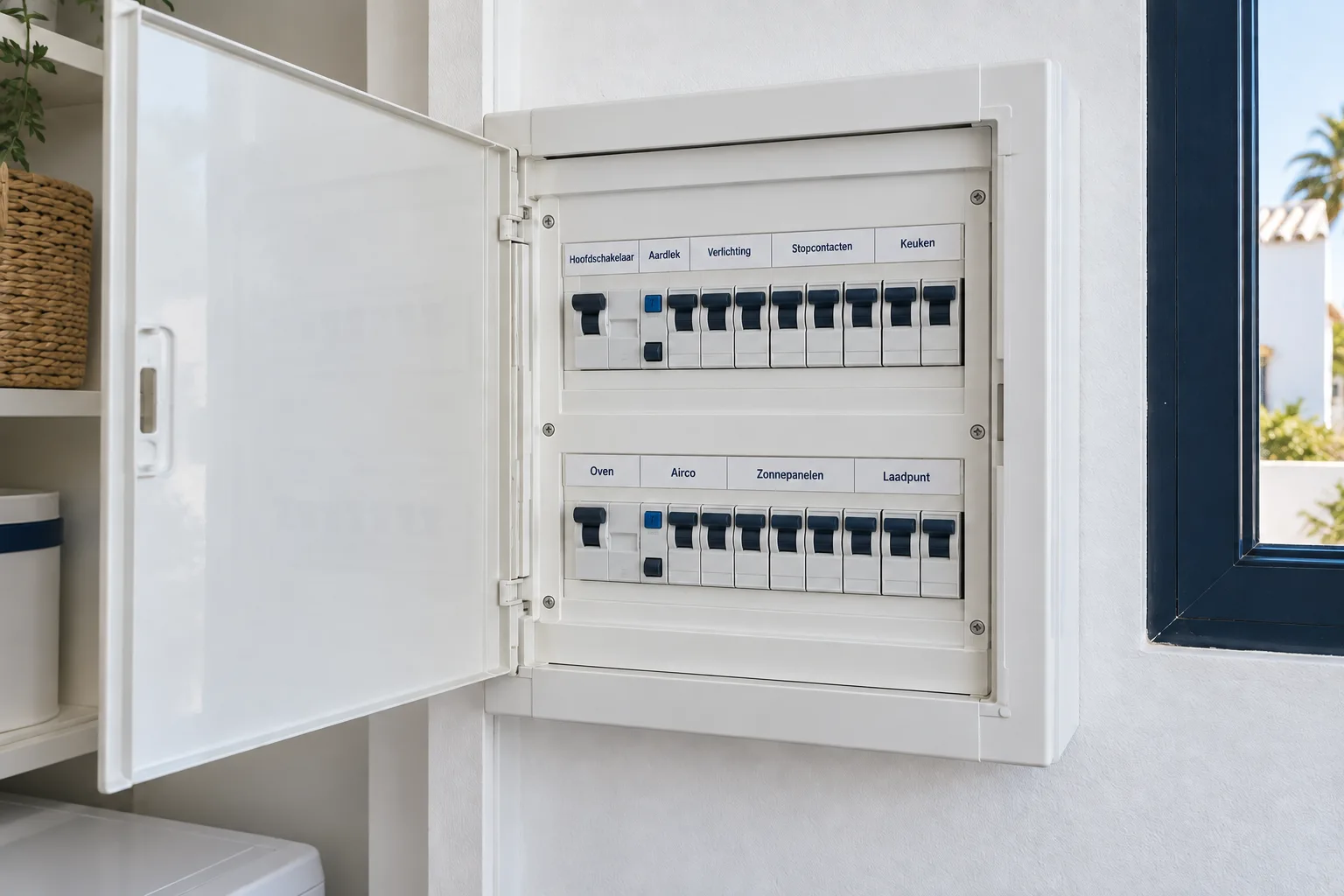 Overzichtelijke meterkast met groepslabels en schakelaars omhoog
