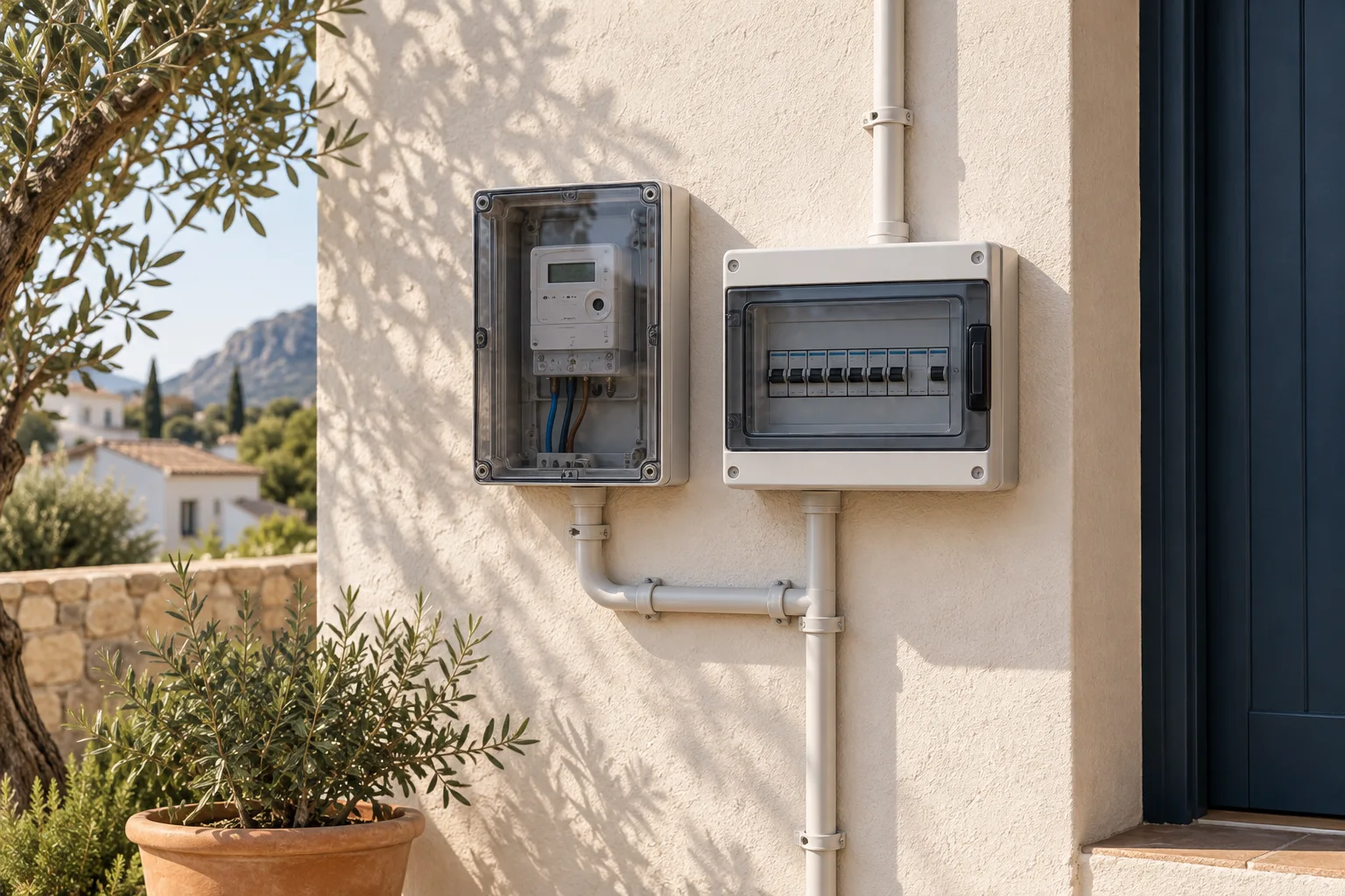 Afgeschermde elektriciteitsmeter en aansluitkast aan een woning